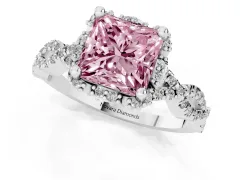 Fancy Pink Princess Cut Diamond Halo Twist Band Solitaire Ring Set in White gold with Prong-Set Center Stone