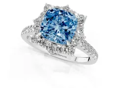 Fancy Blue Cushion Cut Diamond Halo Ring Set in Silver with Pavé Band and Prong Setting