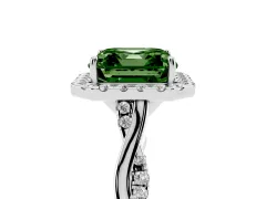Fancy Green Asscher Cut Diamond Halo Twist Band Solitaire Ring Set in Silver with Prong Setting