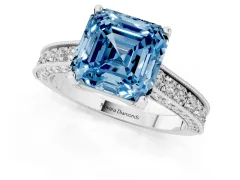 Fancy Blue Asscher Cut Diamond Solitaire Ring Set in White gold with Milgrain-Edged Pavé Band and Prong Setting