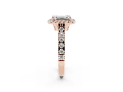 Emerald Cut Diamond Halo Engagement Ring Set in Rose gold with Pavé Band and Prong-Set Center