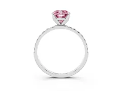 Fancy Pink Cushion Cut Diamond Solitaire Engagement Ring Set in White gold with Round Pavé Band and Prong Setting