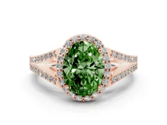 Fancy Green Oval Cut Diamond Halo Split Shank Pavé Ring Set in Rose gold with Prong Setting