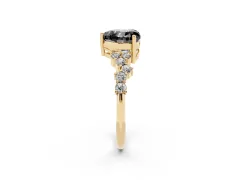 Fancy Black Heart Cut Diamond Ring Set in Yellow gold with Scattered Round Accents