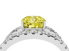 Fancy Yellow Cushion Cut Diamond Split Shank Pavé Solitaire Ring Set in White gold with Open Shank Design