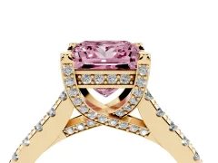 Fancy Pink Princess Cut Diamond Solitaire Ring Set in Yellow gold with Brilliant Pavé Band and Prong Setting