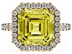 Fancy Yellow Asscher Cut Diamond Halo Ring Set in Yellow gold with Pavé Shoulders and Halo-Framed Center