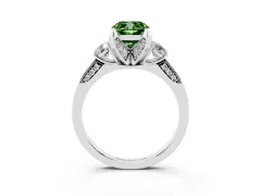 Fancy Green Cushion Cut Diamond Three-Stone Ring Set in White gold with Pavé Band and Smaller Side Stones