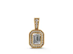 Emerald Cut Halo Diamond Pendant Set in Yellow gold with Pavé Halo