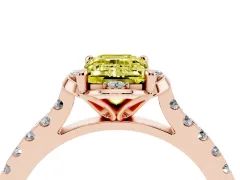 Fancy Yellow Emerald Cut Diamond Solitaire Ring Set in Rose gold with Pavé Band and Floral Prong Setting