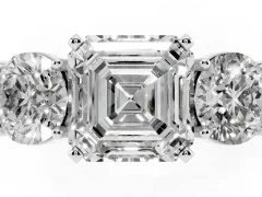 Asscher Cut Diamond Three-Stone Ring Set in Platinum with Round Side Stones and Classic Band