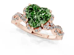 Fancy Green Heart Cut Diamond Halo Twist Band Solitaire Ring Set in Rose gold with Prong-Set Center Stone