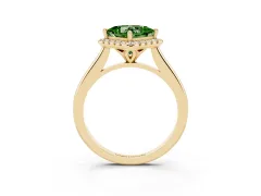 Fancy Green Princess Cut Diamond Halo Engagement Ring Set in Yellow gold with Pavé Band and Rising Shoulders