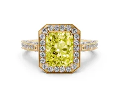 Fancy Yellow Radiant Cut Diamond Halo Engagement Ring Set in Yellow gold with Accent Split Shank Band