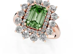 Fancy Green Emerald Cut Diamond Floral Double Halo Ring Set in Rose gold with Round Petals