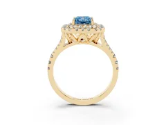 Fancy Blue Radiant Cut Diamond Double Halo Ring Set in Yellow gold with Pavé Split Shank and Prong Setting