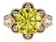 Fancy Yellow Round Cut Diamond Floral Halo Split Shank Engagement Ring Set in Yellow gold with Pavé Shank