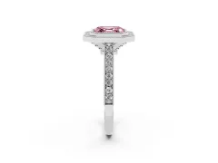 Fancy Pink Asscher Cut Diamond Halo Milgrain Pavé Band Ring Set in Platinum with Prong Setting