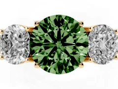 Fancy Green Round Cut Diamond Three-Stone Engagement Ring Set in Yellow gold with Milgrain Pavé Band