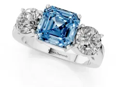Fancy Blue Asscher Cut Diamond Three-Stone Ring Set in White gold with Round Side Stones and Classic Band