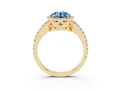 Fancy Blue Round Cut Diamond Halo Ring Set in Yellow gold with Pavé Shoulders and Halo-Framed Center