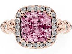 Fancy Pink Cushion Cut Diamond Halo Ring Set in Rose gold with Filigree Leaf Band and Prong Setting