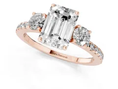 Emerald Cut Diamond Three-Stone Ring Set in Rose gold with Pavé Band and Graduated Sides