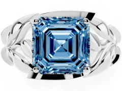 Fancy Blue Asscher Cut Diamond Leaf-Inspired Engagement Ring Set in Platinum with Round Accents