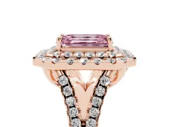 Fancy Pink Emerald Cut Diamond Double Halo Ring Set in Rose gold with Pavé Split Shank and Prong Setting