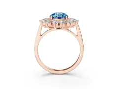 Fancy Blue Round Cut Diamond Floral Double Halo Ring Set in Rose gold with Round Petals