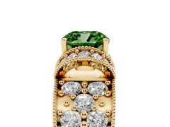 Fancy Green Cushion Cut Diamond Milgrain Halo Pavé Engagement Ring Set in Yellow gold with Prong Setting