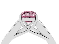 Fancy Pink Emerald Cut Diamond Solitaire Ring Set in Platinum with Channel-Set Accent Stones and Prong Setting