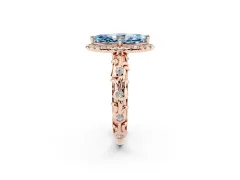 Fancy Blue Marquise Cut Diamond Halo Ring Set in Rose gold with Filigree Leaf Band and Prong Setting