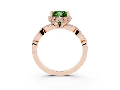 Fancy Green Princess Cut Diamond Halo Twist Band Solitaire Ring Set in Rose gold with Prong-Set Center Stone