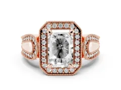 Emerald Cut Diamond Halo Ring Set in Rose gold with Milgrain Accent Split Shank