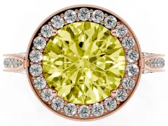 Fancy Yellow Round Cut Diamond Halo Engagement Ring Set in Rose gold with Accent Split Shank Band