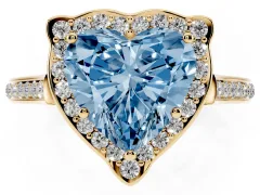 Fancy Blue Heart Cut Diamond Halo Ring Set in Yellow gold with Pavé-Lined Shoulders and Prong Setting