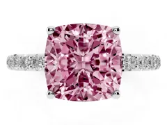 Fancy Pink Cushion Cut Diamond Solitaire Engagement Ring Set in White gold with Round Pavé Band and Prong Setting