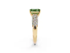 Fancy Green Emerald Cut Diamond Pavé Band Solitaire Ring Set in Yellow gold with Close-Set Accent Stones and Prong Setting