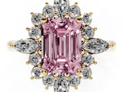 Fancy Pink Emerald Cut Diamond Cluster Halo Ring Set in Yellow gold with Marquise and Round Accents