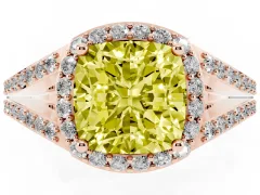 Fancy Yellow Cushion Cut Diamond Halo Split Shank Pavé Ring Set in Rose gold with Prong Setting