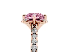 Fancy Pink Cushion Cut Diamond Solitaire Ring Set in Rose gold with Pavé Band and Floral Prong Setting