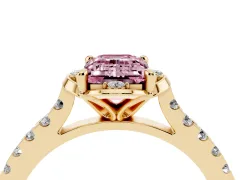 Fancy Pink Emerald Cut Diamond Solitaire Ring Set in Yellow gold with Pavé Band and Floral Prong Setting