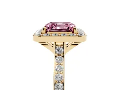 Fancy Pink Asscher Cut Diamond Halo Engagement Ring Set in Yellow gold with Round Pavé Shoulders and Heart Gallery