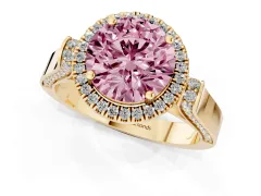 Fancy Pink Round Cut Diamond Halo Ring Set in Yellow gold with Pavé-Lined Split Shank Band