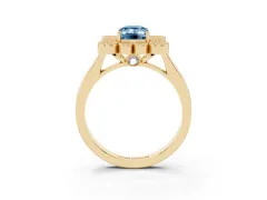 Fancy Blue Emerald Cut Diamond Cluster Halo Ring Set in Yellow gold with Milgrain Bezel Accents and Plain Band