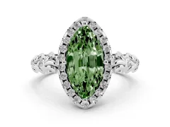 Fancy Green Marquise Cut Diamond Halo Ring Set in White gold with Filigree Leaf Band and Prong Setting