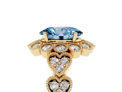 Fancy Blue Oval Cut Diamond Solitaire Ring Set in Yellow gold with Milgrain Pavé Heart Band