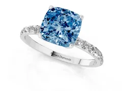 Fancy Blue Cushion Cut Diamond Solitaire Engagement Ring Set in White gold with Round Pavé Band and Prong Setting