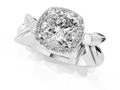Cushion Cut Diamond Halo Floral Band Ring Set in Silver with Prong Setting